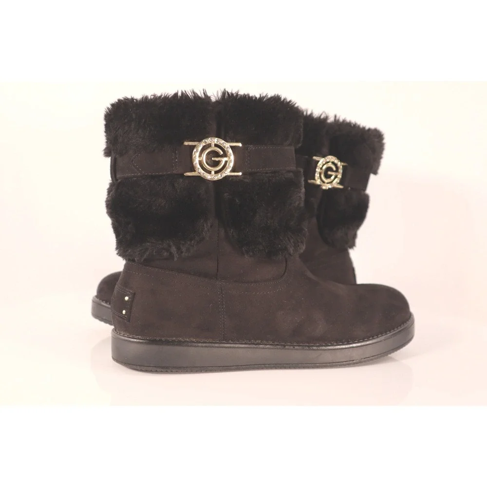 GUESS Black Faux Suede Fur Trim Rhinestone Logo‎ Mid-Calf Boots Size 10W
